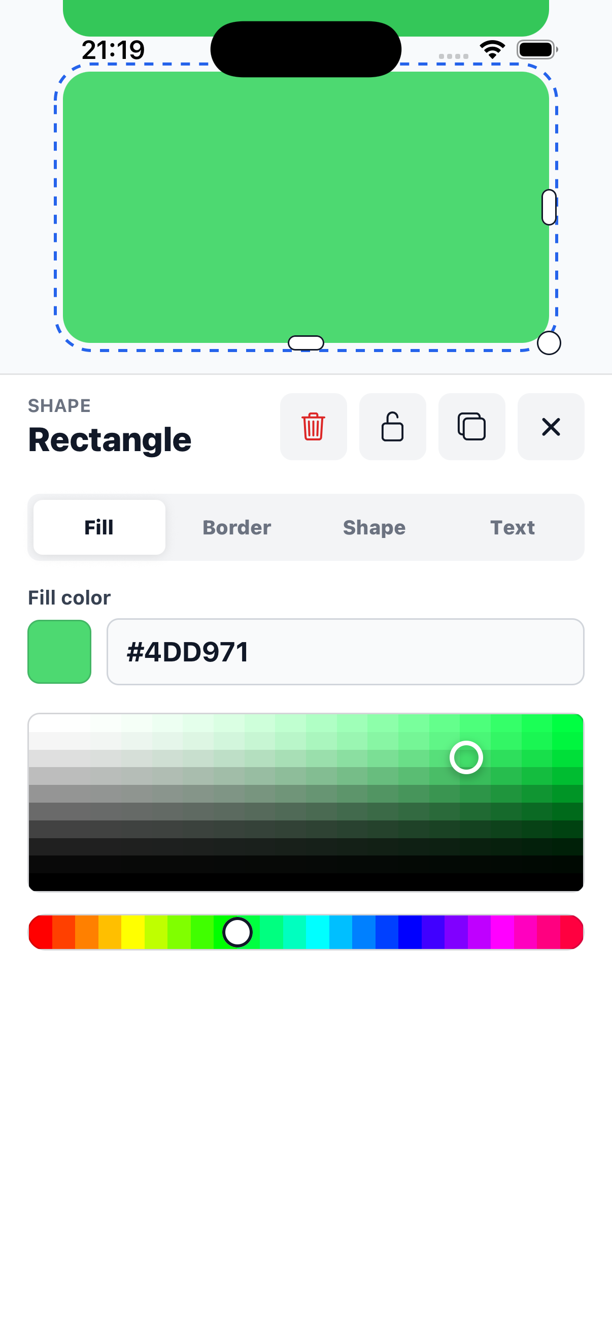 Screen Palette color editor showing a green fill color and color picker