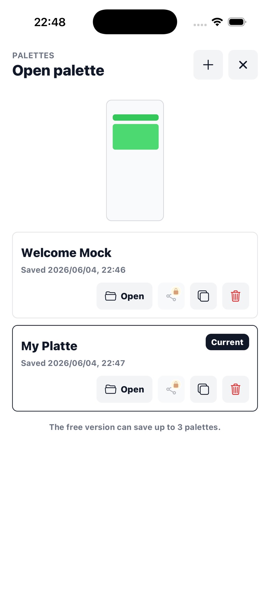 Screen Palette palette list with saved mock layouts